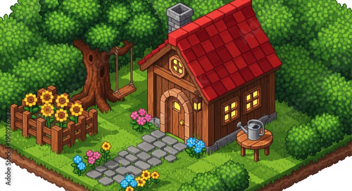 Charming Pixel Art Cabin in a Lush Green Forest Setting.
