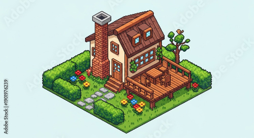 Charming pixel art isometric house with garden and deck.