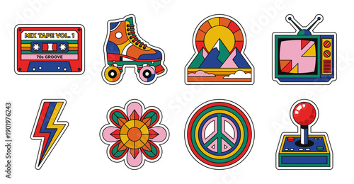 Retro 70s and 80s Sticker Set, Vintage Vector Illustration