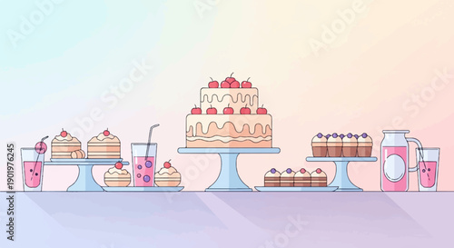 An assortment of sweet treats, cakes, cupcakes, and drinks arranged on stands