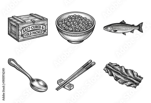 Collection of seafood and culinary icons in vintage woodcut style featuring salmon roe caviar and traditional dining utensils