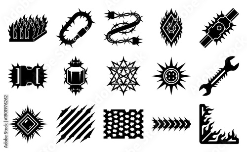 Aggressive Neo-Tribal Cybery2k Graphic Element Kit for Edgy Streetwear and Heavy Metal Branding
