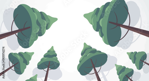 A stylized, overhead view of a forest with green, cone-shaped trees and shadows