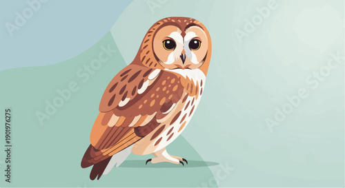 A stylized owl with brown and white feathers stands on a light background