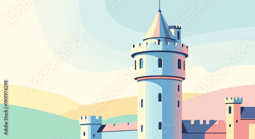 A stylized, pastel-colored castle with rounded towers stands against a hazy sky
