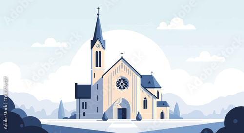 A stylized flat illustration of a church with a steeple against a hazy sky