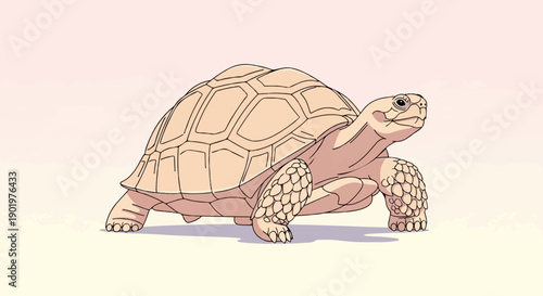 A stylized drawing of a tan tortoise with a patterned shell stands against a pale background