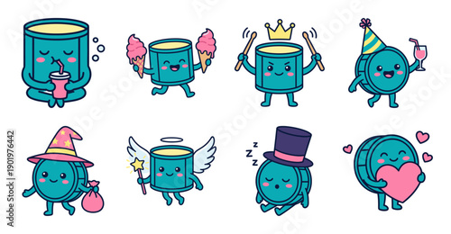 Cute Blue Drum Character Sticker Set, Vector Illustration