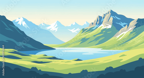 Calm alpine lake surrounded by green hills and snow-capped mountains