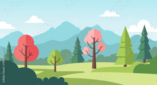 A stylized, flat landscape with rolling hills, trees, and mountains under clouds