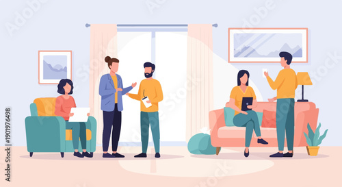 Casual interaction and discussion among people in a contemporary indoor setting