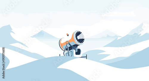 A snow-making machine rests in a snow-covered mountainous landscape