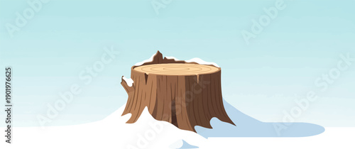 A snow-covered tree stump stands alone in a light blue winter sky