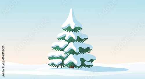 A snow-covered pine tree stands alone in a peaceful winter landscape