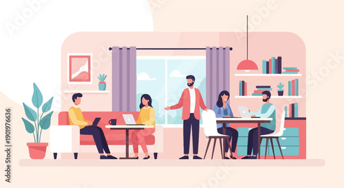 Casual office gathering with people working on laptops and conversing