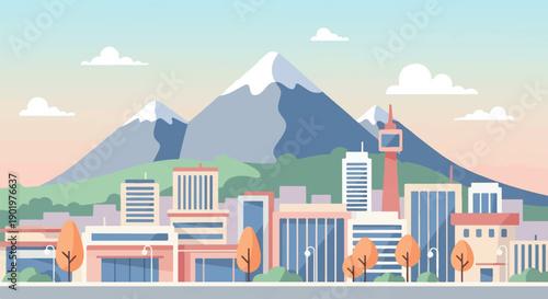 A stylized cityscape with snow-capped mountains in the background