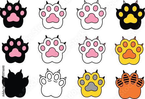 Set of Twelve Colorful Animal Paw Prints Featuring Black White Yellow and Orange Cat or Dog Paws with Pink Pads for Pet and Wildlife Design