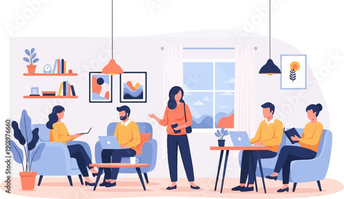 Casual office meeting with people working on laptops and tablets