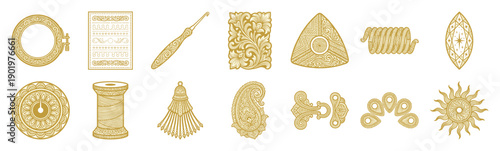 Ornate Gold Filigree Tailoring and Textile Craft Elements Asset Sheet for Luxury Boutique Branding