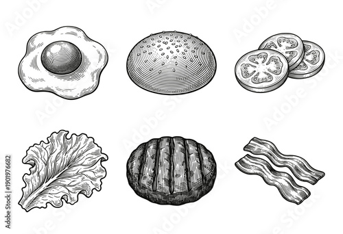 Set of hand drawn burger ingredients including beef patty bun lettuce tomato bacon and fried egg in vintage engraving style