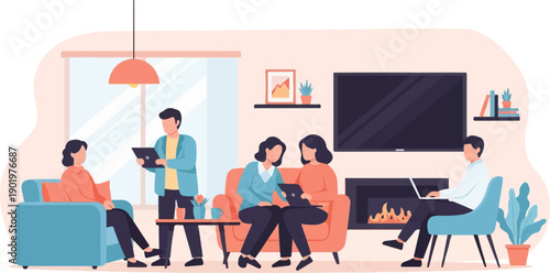 Casual work meeting in a modern living room with fireplace