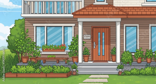 Charming suburban house with a welcoming front porch and lush garden.