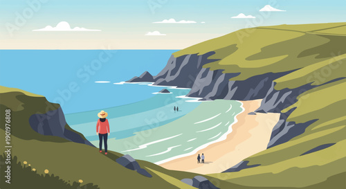 A solitary figure gazes at a serene coastal cove with rolling green hills