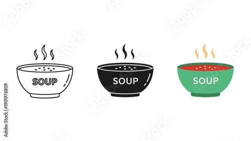 Three steaming bowls of soup in different colors Vector