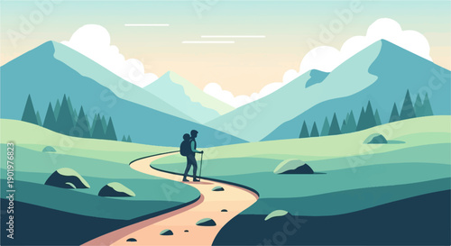 A solitary hiker traverses a winding path through serene, mountainous landscapes