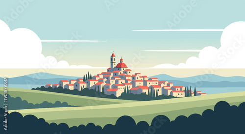 Charming pixelated village with a church sits on a hill in a serene landscape