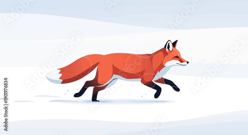 A stylized fox runs across a snow-covered landscape under a pale sky