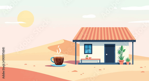 A solitary house and coffee cup sit in a desert landscape under a bright sun