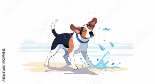 Cartoon beagle shakes water off its body on a sandy shore