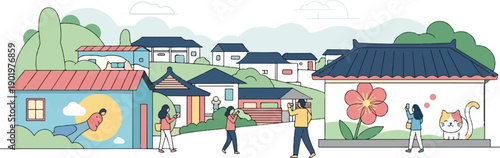 Charming village scene with people, traditional houses, and a friendly cat