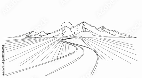 A solitary road winds through a vast landscape toward distant, sun-kissed mountains