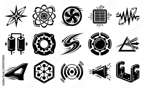 Minimalist Black Graphic Elements Asset Sheet for Advanced Physics and Engineering Technology Education