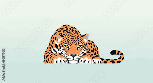 A spotted feline rests its head on a light blue surface
