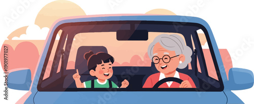Cheerful grandmother and child share a car ride during a colorful sunset