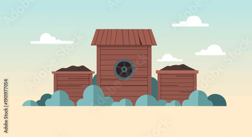 Cartoon depiction of a wooden mining structure with three carts loaded with dark material