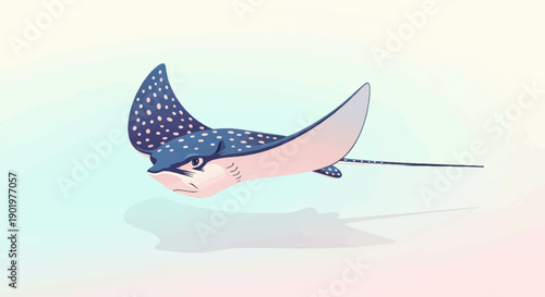 A spotted ray gracefully glides through serene blue waters