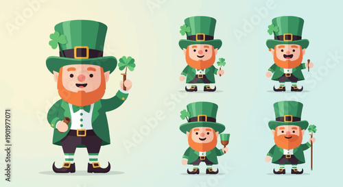 Cheerful leprechauns in green hats with shamrocks on light background