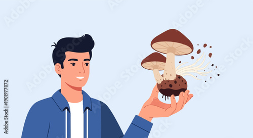 Cheerful man holding a bunch of mushrooms with roots and soil