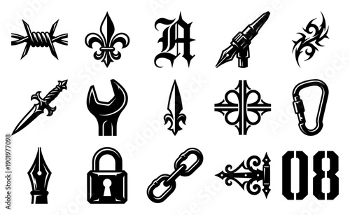 Gothic Blackwork Engraving Style Industrial and Ornamental Element Asset Sheet for Cyberpunk Streetwear Design