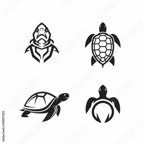 Four distinct black and white stylized turtle illustrations, showcasing various artistic interpretations of the marine reptile, including tribal, top-down, side view, and abstract designs.