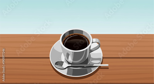 A steaming cup of black coffee rests on a saucer with a spoon on a wooden surface