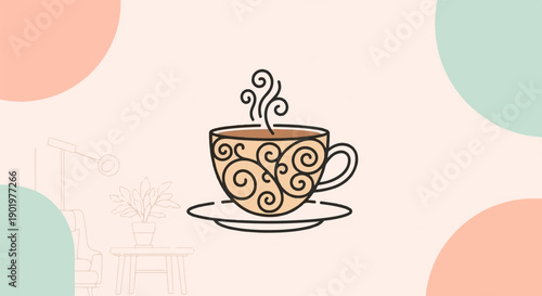 A steaming cup of coffee with decorative swirls on a saucer, on a pastel background