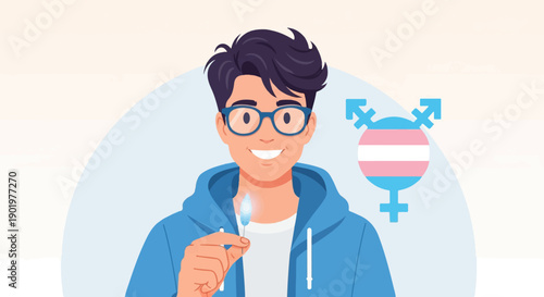 Cheerful person in blue hoodie holding a lit match, trans symbol near