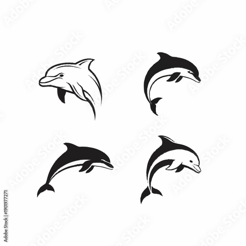 Four black and white graphic illustrations of dolphins in various dynamic poses, showcasing their graceful forms.
