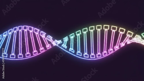 Abstract glowing neon DNA helix structure on dark background