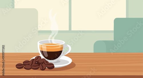 A steaming cup of rich coffee rests on a wooden table with beans